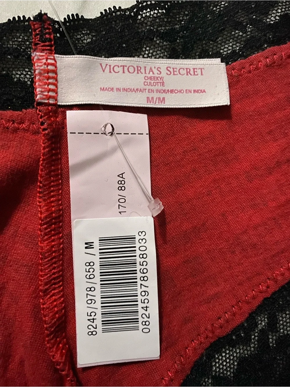 Victoria’s Secret NWT/NOS’14 Wom M Cheeky Culotte Red/Blk Lace Edge Bikini Panty